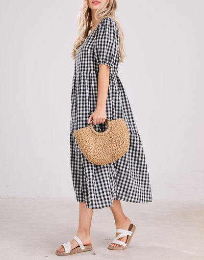 ⏰Hot Sale-Women's Retro Lantern Puff Sleeve Plaid Tiered Dress