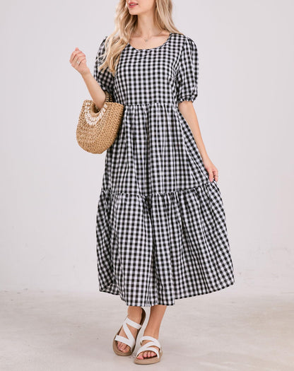 ⏰Hot Sale-Women's Retro Lantern Puff Sleeve Plaid Tiered Dress