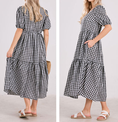 ⏰Hot Sale-Women's Retro Lantern Puff Sleeve Plaid Tiered Dress