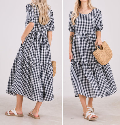 ⏰Hot Sale-Women's Retro Lantern Puff Sleeve Plaid Tiered Dress