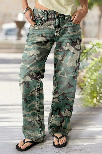 Women's Camo Print Mid Rise Straight Leg Pants
