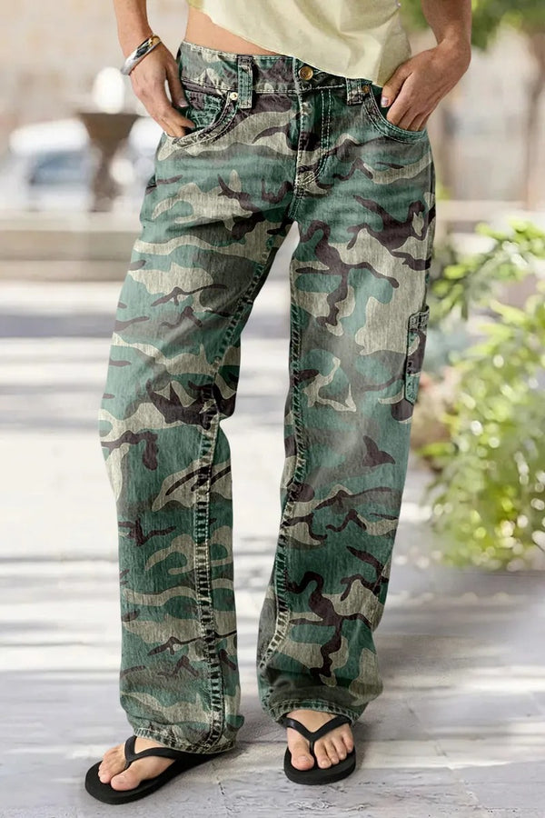 Women's Camo Print Mid Rise Straight Leg Pants