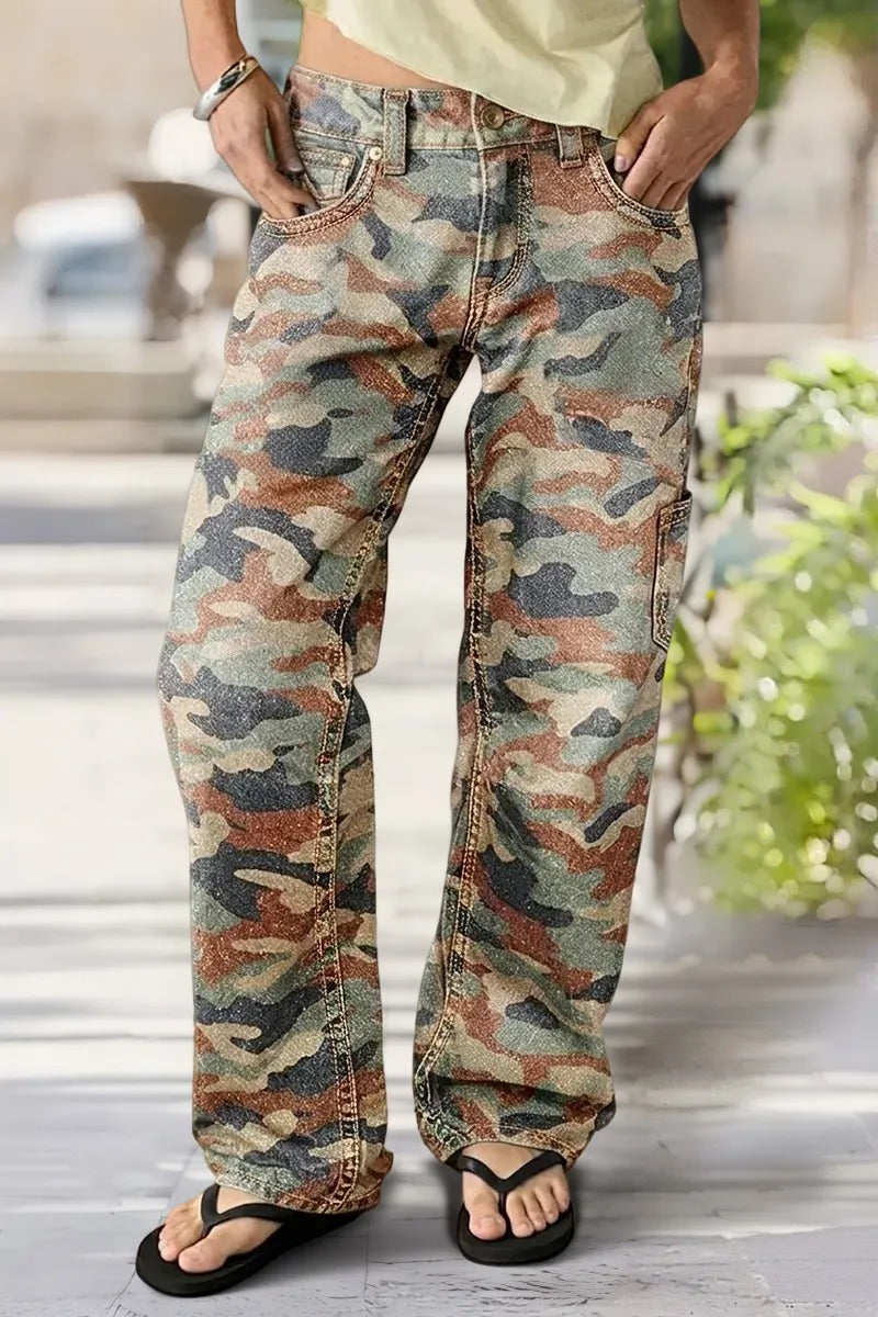 Women's Camo Print Mid Rise Straight Leg Pants