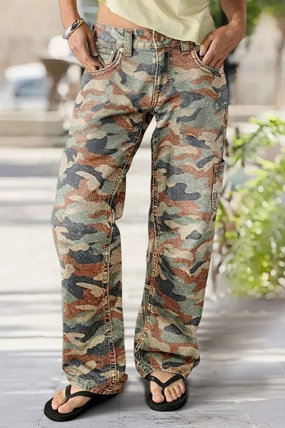 Women's Camo Print Mid Rise Straight Leg Pants