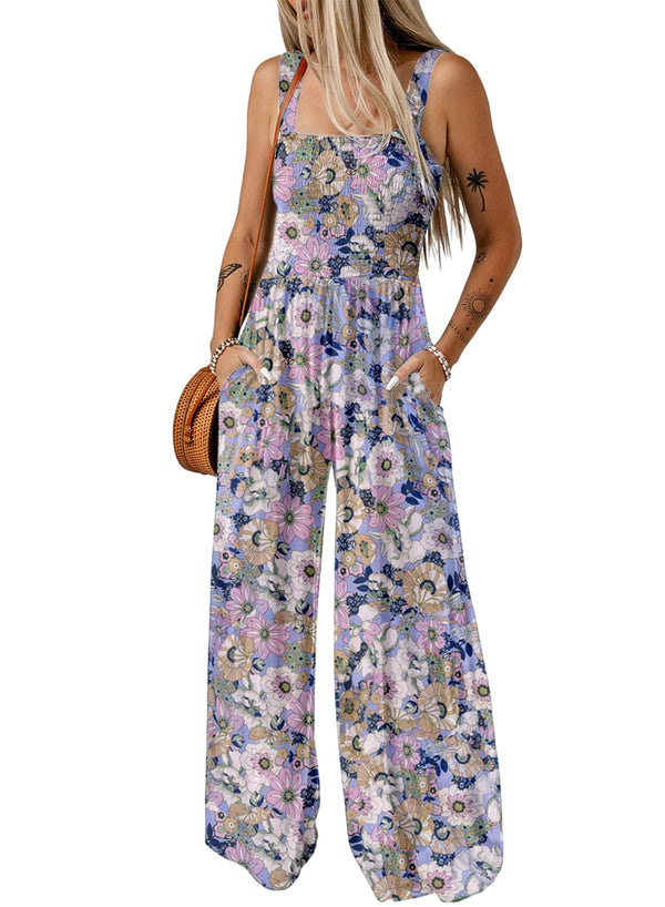 ⏰Hot Sale-Women's Overalls Casual Floral Print Sleeveless Jumpsuit with Pockets