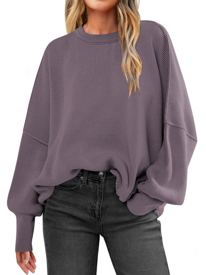 Women Oversized Side Slit Ribbed Knit Pullover Sweaters Top