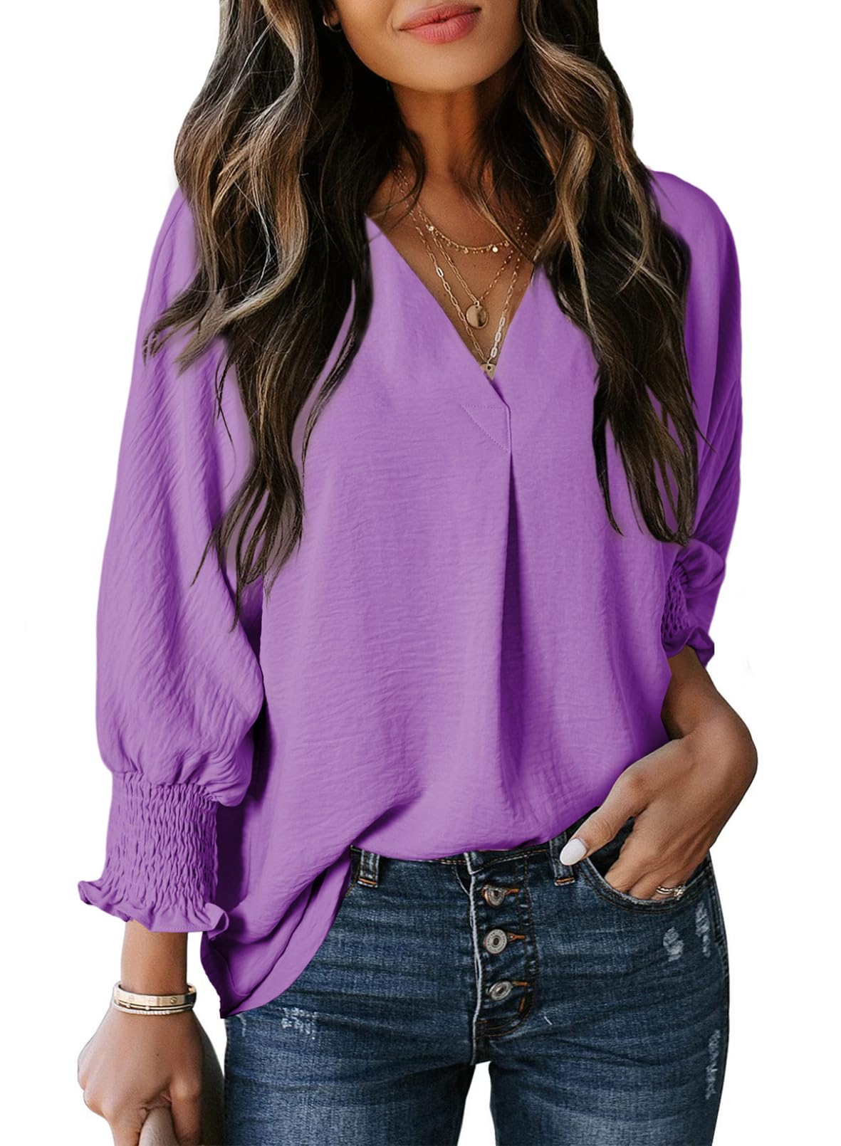 Limited time sale 🔥Womens Casual 3/4 Sleeve V Neck Loose Fit Basic Tees