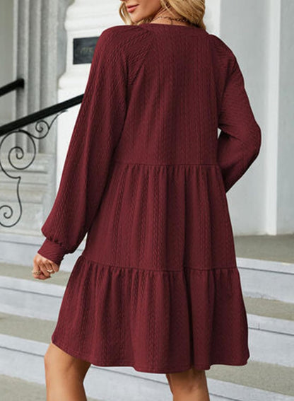 ✨Womens Long Sleeve V Neck Textured  Tiered Ruffle  Mini Babydoll Dress