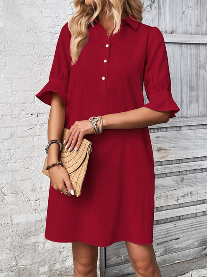 ✨Womens Casual Shirt Dress Ruffle Sleeve Solid Color Button Down