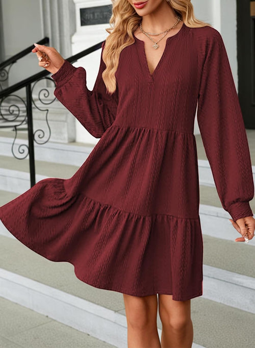 ✨Womens Long Sleeve V Neck Textured  Tiered Ruffle  Mini Babydoll Dress