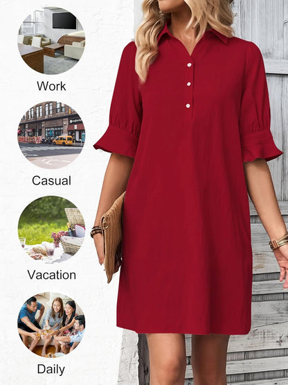 ✨Womens Casual Shirt Dress Ruffle Sleeve Solid Color Button Down