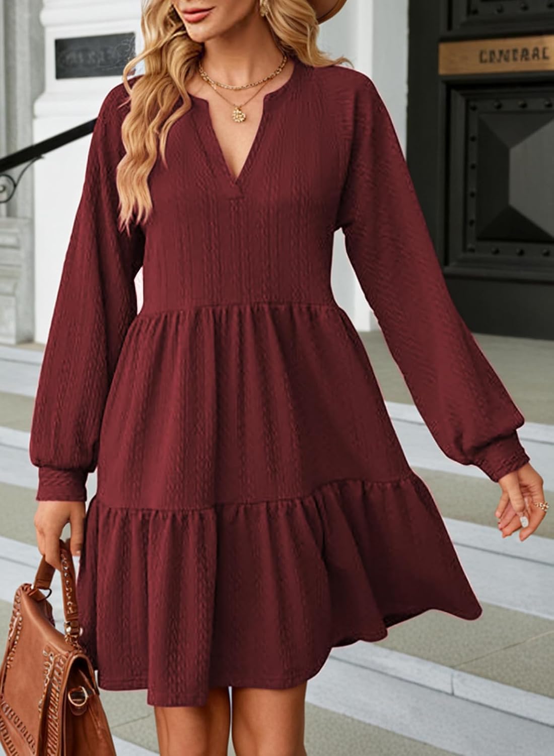 ✨Womens Long Sleeve V Neck Textured  Tiered Ruffle  Mini Babydoll Dress