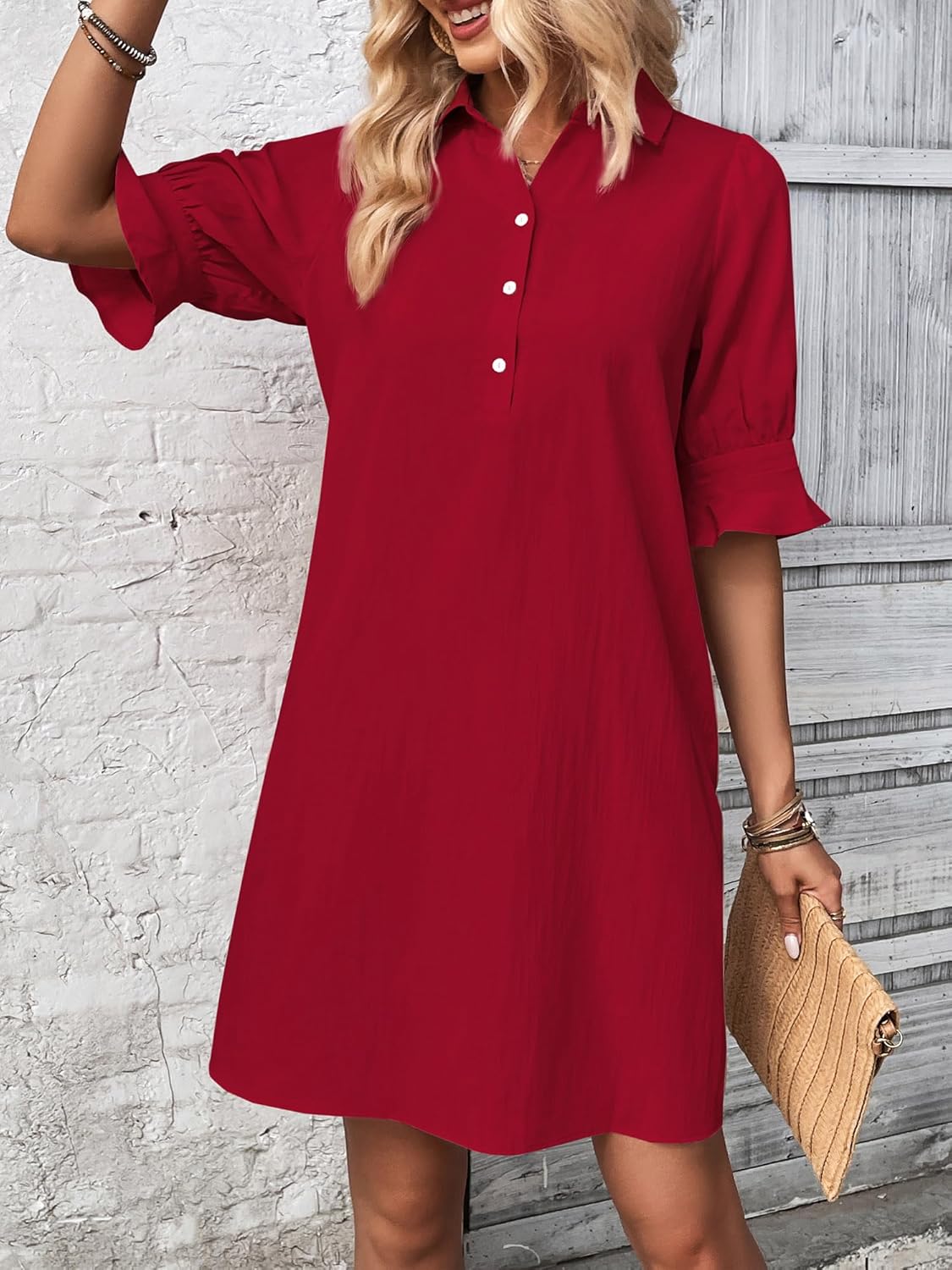✨Womens Casual Shirt Dress Ruffle Sleeve Solid Color Button Down