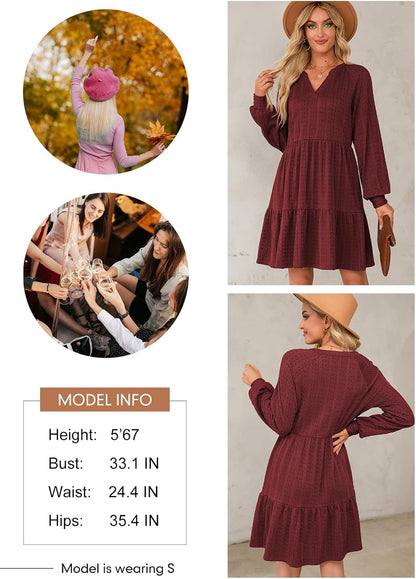 ✨Womens Long Sleeve V Neck Textured  Tiered Ruffle  Mini Babydoll Dress