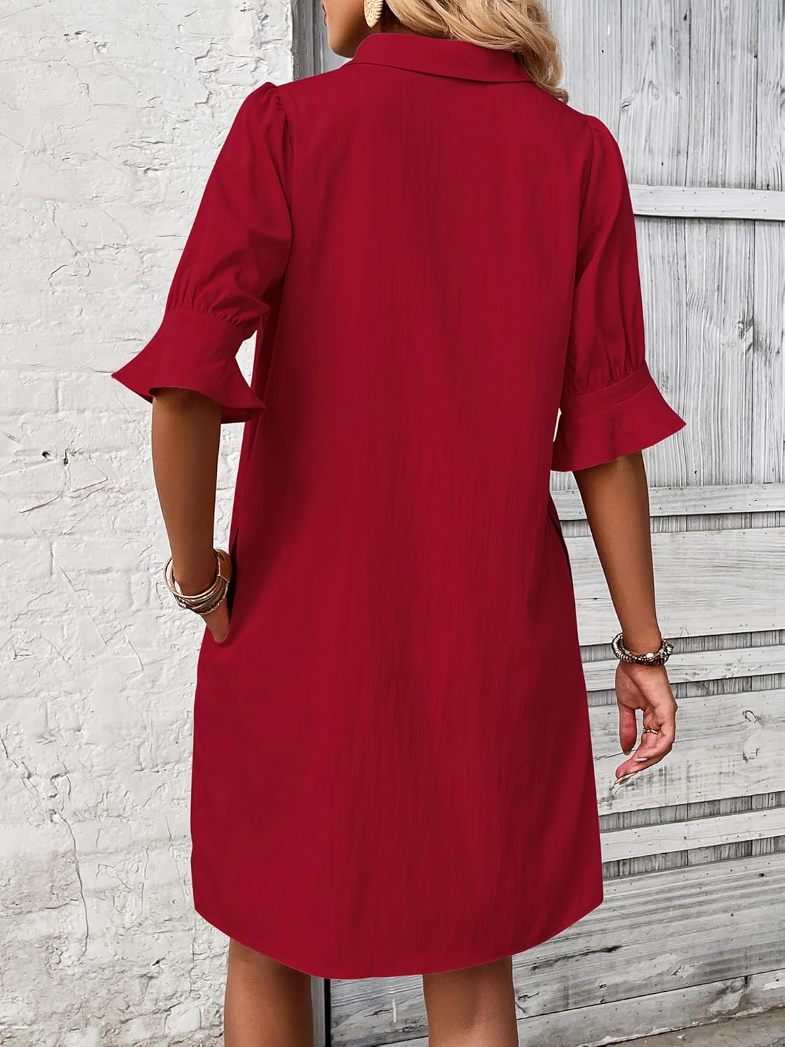 ✨Hot Sale-Womens Casual Shirt Dress Ruffle Sleeve Solid Color Button Down
