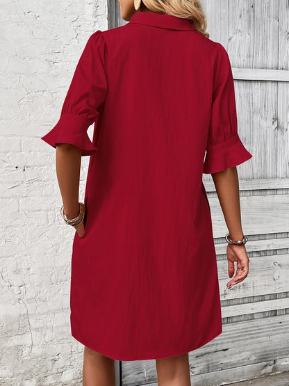 ✨Hot Sale-Womens Casual Shirt Dress Ruffle Sleeve Solid Color Button Down
