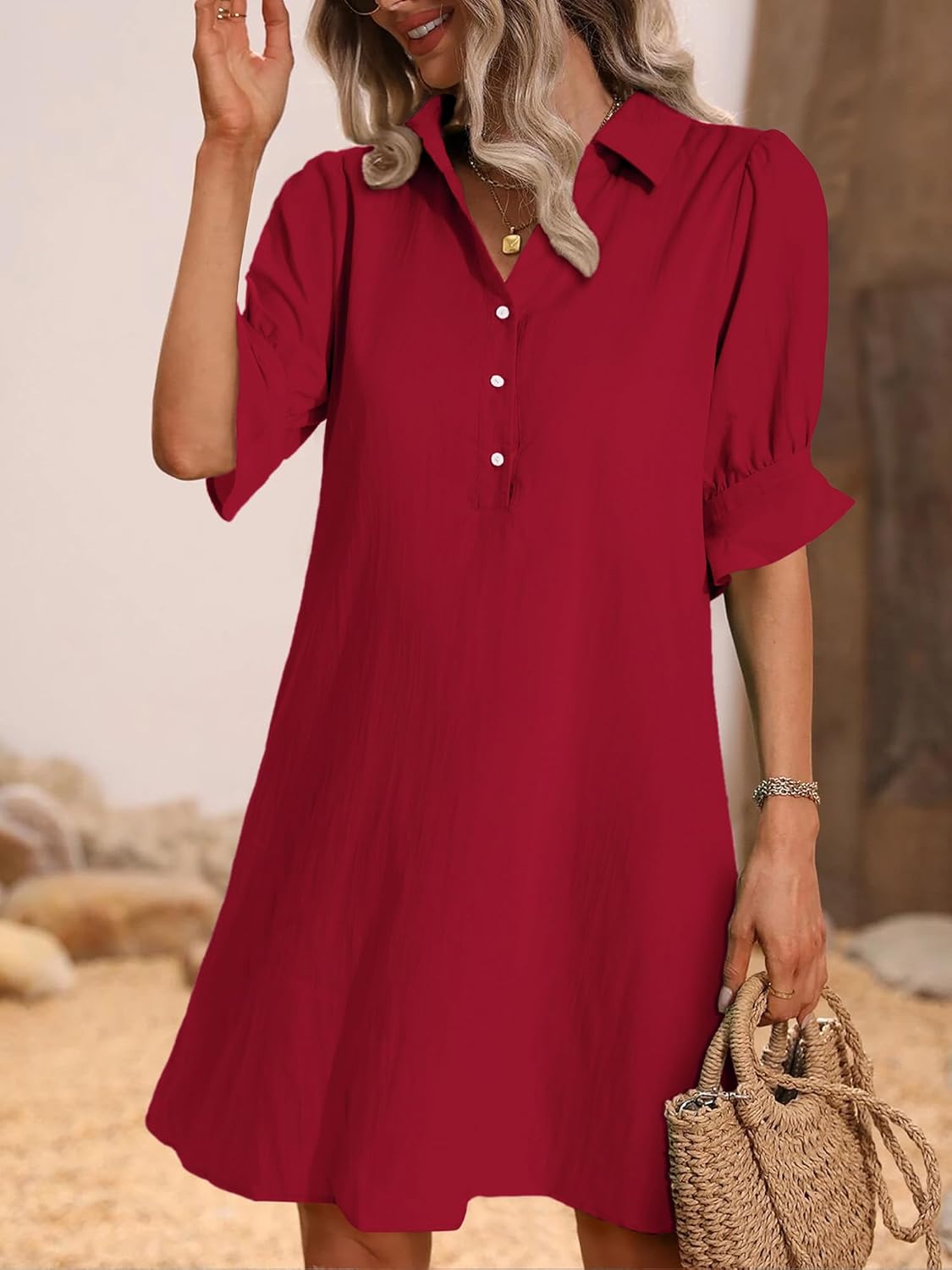 ✨Hot Sale-Womens Casual Shirt Dress Ruffle Sleeve Solid Color Button Down