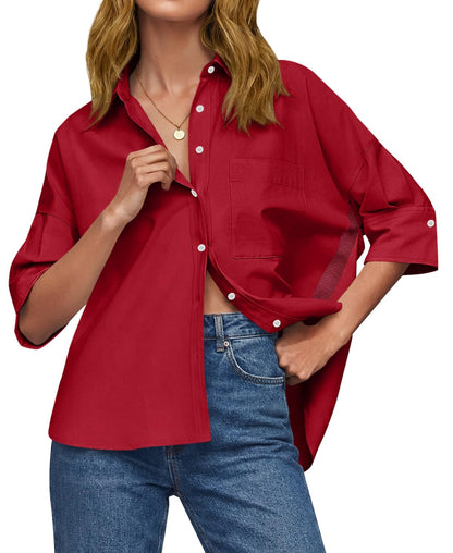 Womens Oversized Button Down Shirts Half Sleeve V Neck Blouses