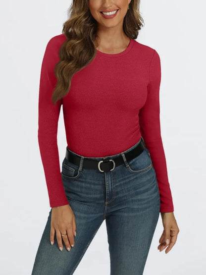 Women's Long Sleeve Stretch Slim Round Neck Ribbed Basic Shirts