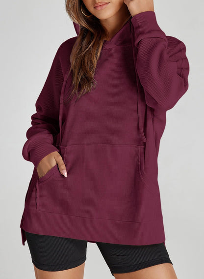 ✨Oversized Hoodies for Women Waffle Knit Drawstring Side Slit Pullover Sweatshirts with Pocket (Final Days: Big Savings!!!)