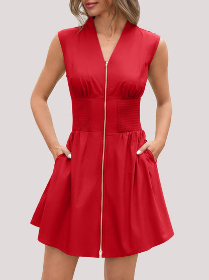 ⏰Hot Sale-Women's Zip Front V Neck Sleeveless Tank Mini Dress with Pockets