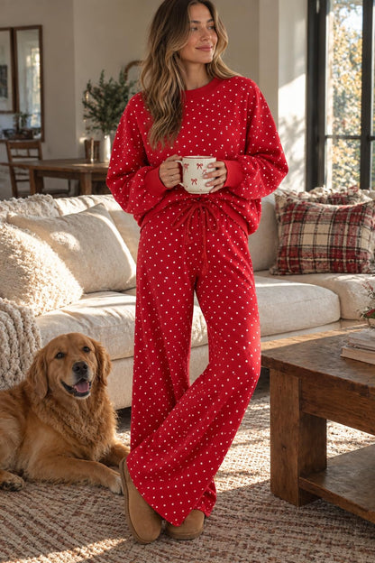 Women's Polka Dot 2 Piece Pant Set Long Sleeve Sweatshirts And Drawstring Wide Leg Pant