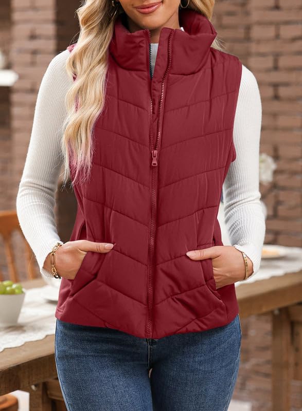 ⏰Hot Sale-Womens Sleeveless Zip Up Outerwear Stand Collar Quilted Puffer Vest