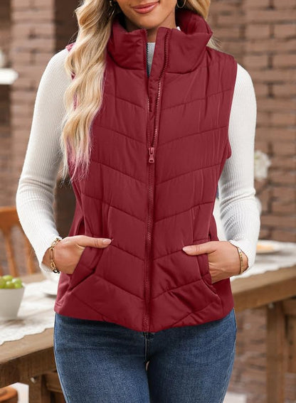 ⏰Hot Sale-Womens Sleeveless Zip Up Outerwear Stand Collar Quilted Puffer Vest