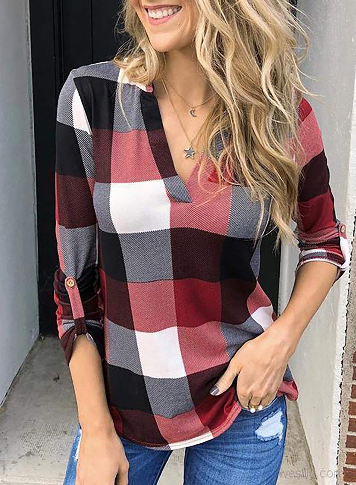 ✨Women's V Neck Plaid Print Cuffed Long Sleeve Shirt