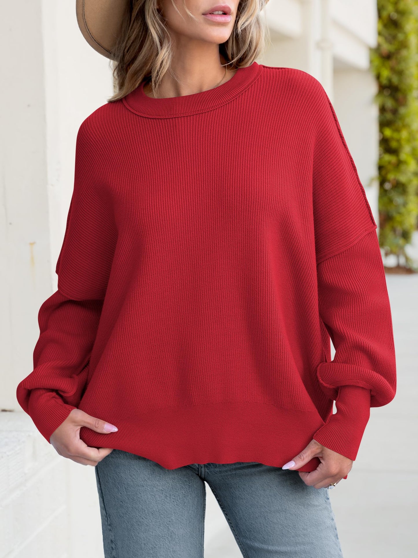 Women Oversized Side Slit Ribbed Knit Pullover Sweaters Top