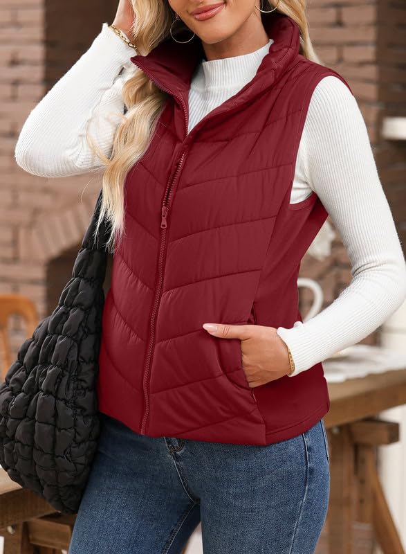 ⏰Hot Sale-Womens Sleeveless Zip Up Outerwear Stand Collar Quilted Puffer Vest