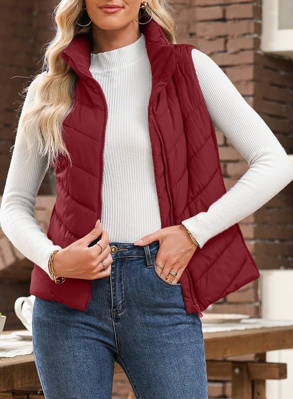 ⏰Hot Sale-Womens Sleeveless Zip Up Outerwear Stand Collar Quilted Puffer Vest