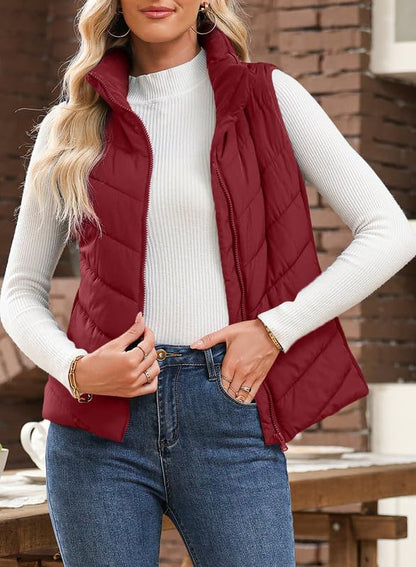 ⏰Hot Sale-Womens Sleeveless Zip Up Outerwear Stand Collar Quilted Puffer Vest
