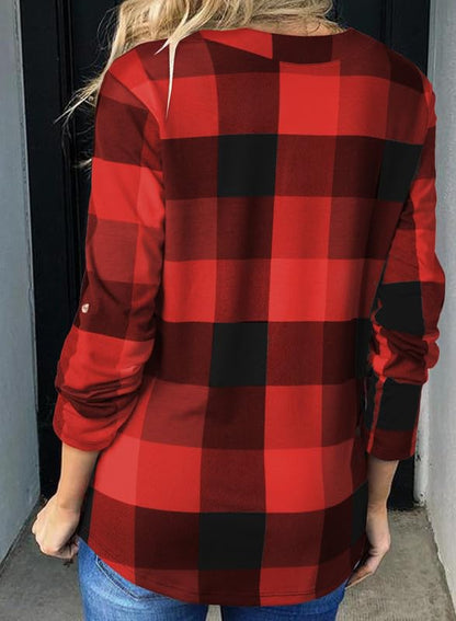 ✨Women's V Neck Plaid Print Cuffed Long Sleeve Shirt
