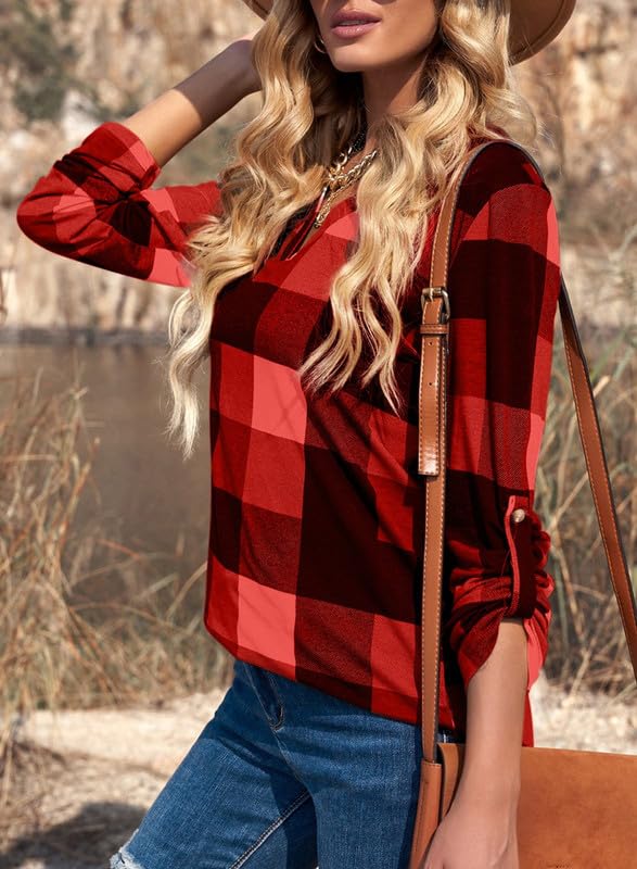 ✨Women's V Neck Plaid Print Cuffed Long Sleeve Shirt