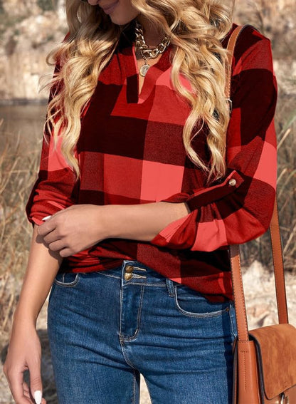 ✨Women's V Neck Plaid Print Cuffed Long Sleeve Shirt