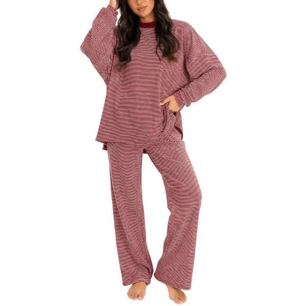 Striped Crew Neck Split Hem Top & Pants Two Piece Set