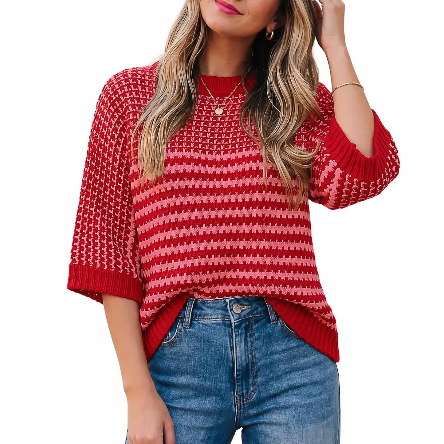 Raglan Half Sleeve Striped Splice Knit Sweater