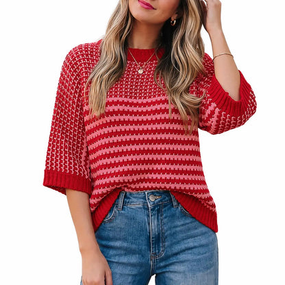 Raglan Half Sleeve Striped Splice Knit Sweater