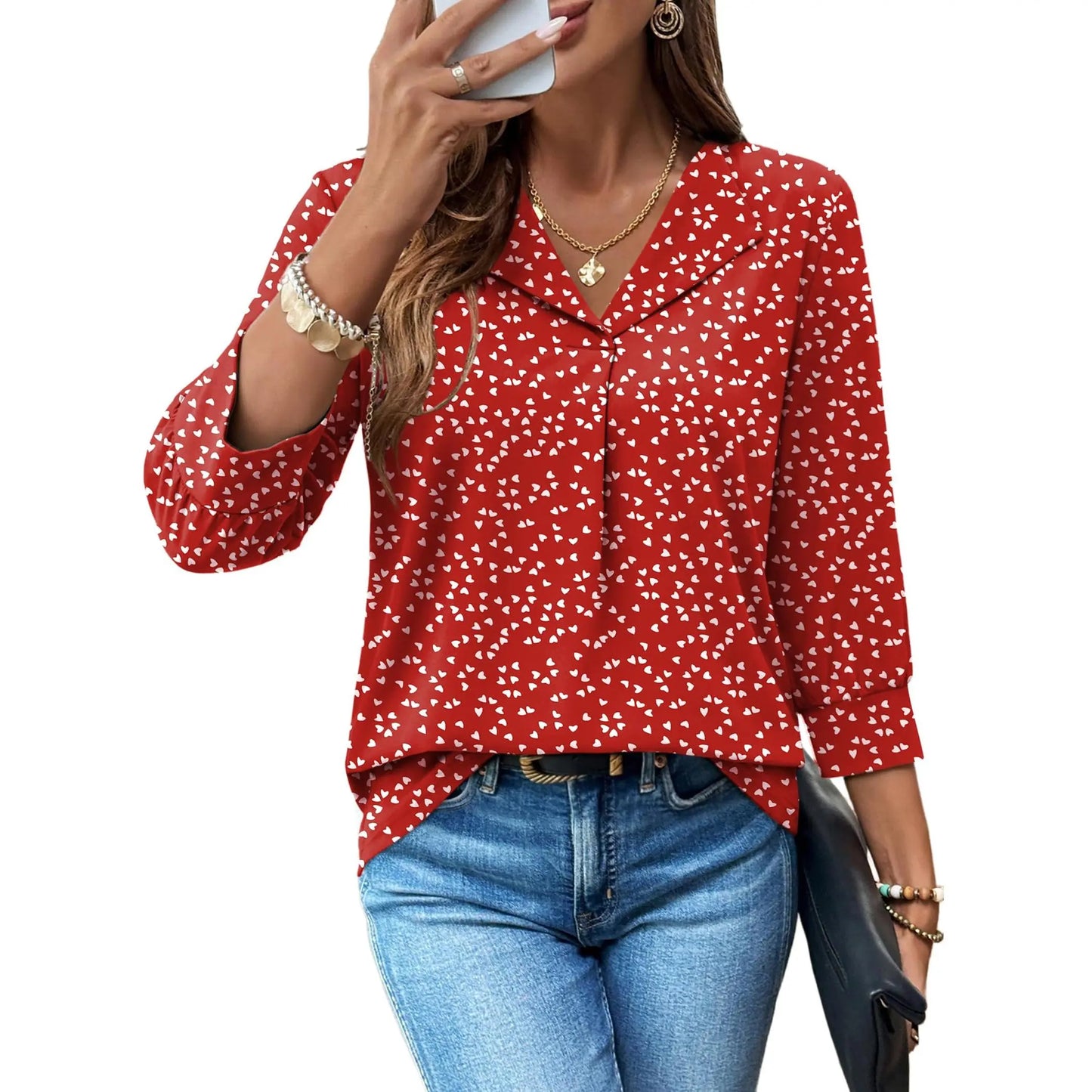 Lapel Collar V Neck Sketch Floral Print 3/4 Puff Sleeve Casual Blouse