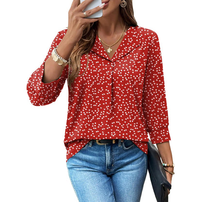 Lapel Collar V Neck Sketch Floral Print 3/4 Puff Sleeve Casual Blouse