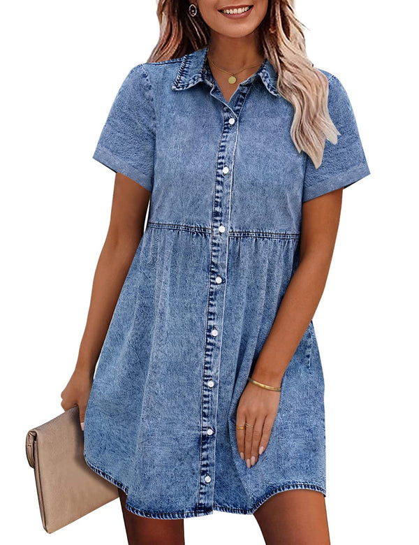 ⏰Hot Sale-Women's Short Sleeve Button Denim Shirt Dress