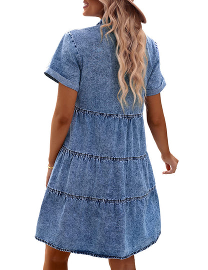 ⏰Hot Sale-Women's Short Sleeve Button Denim Shirt Dress