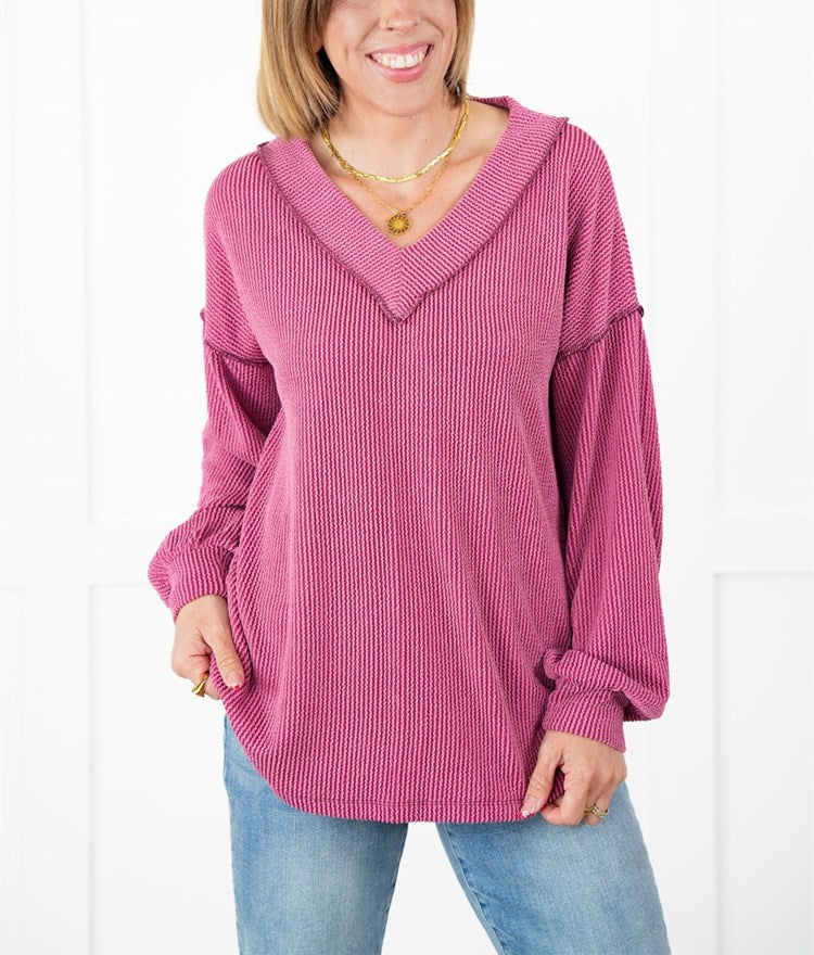 ⭐Women's Ribbed Long Sleeve V-Neck Pullover Top