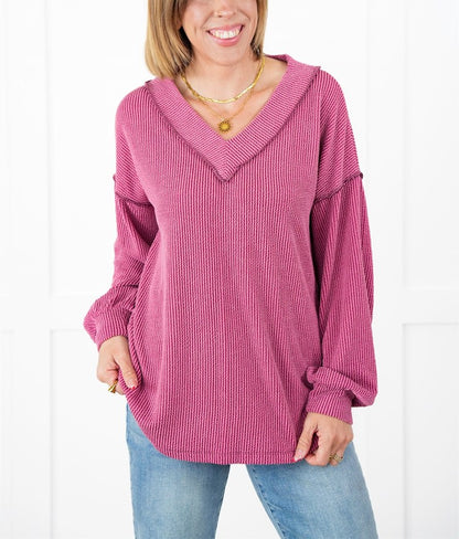 ⭐Women's Ribbed Long Sleeve V-Neck Pullover Top
