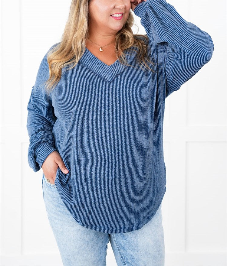 Women's Ribbed Long Sleeve V-Neck Pullover Top