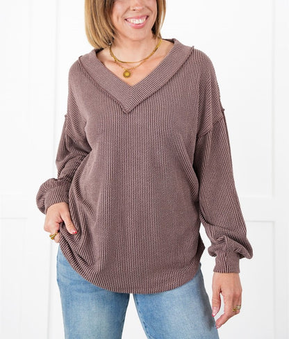 Women's Ribbed Long Sleeve V-Neck Pullover Top