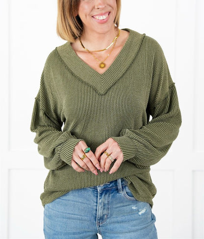 Women's Ribbed Long Sleeve V-Neck Pullover Top