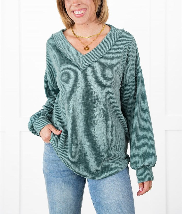 Women's Ribbed Long Sleeve V-Neck Pullover Top