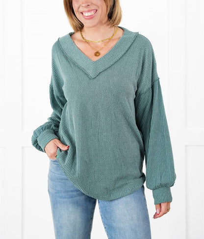 Women's Ribbed Long Sleeve V-Neck Pullover Top